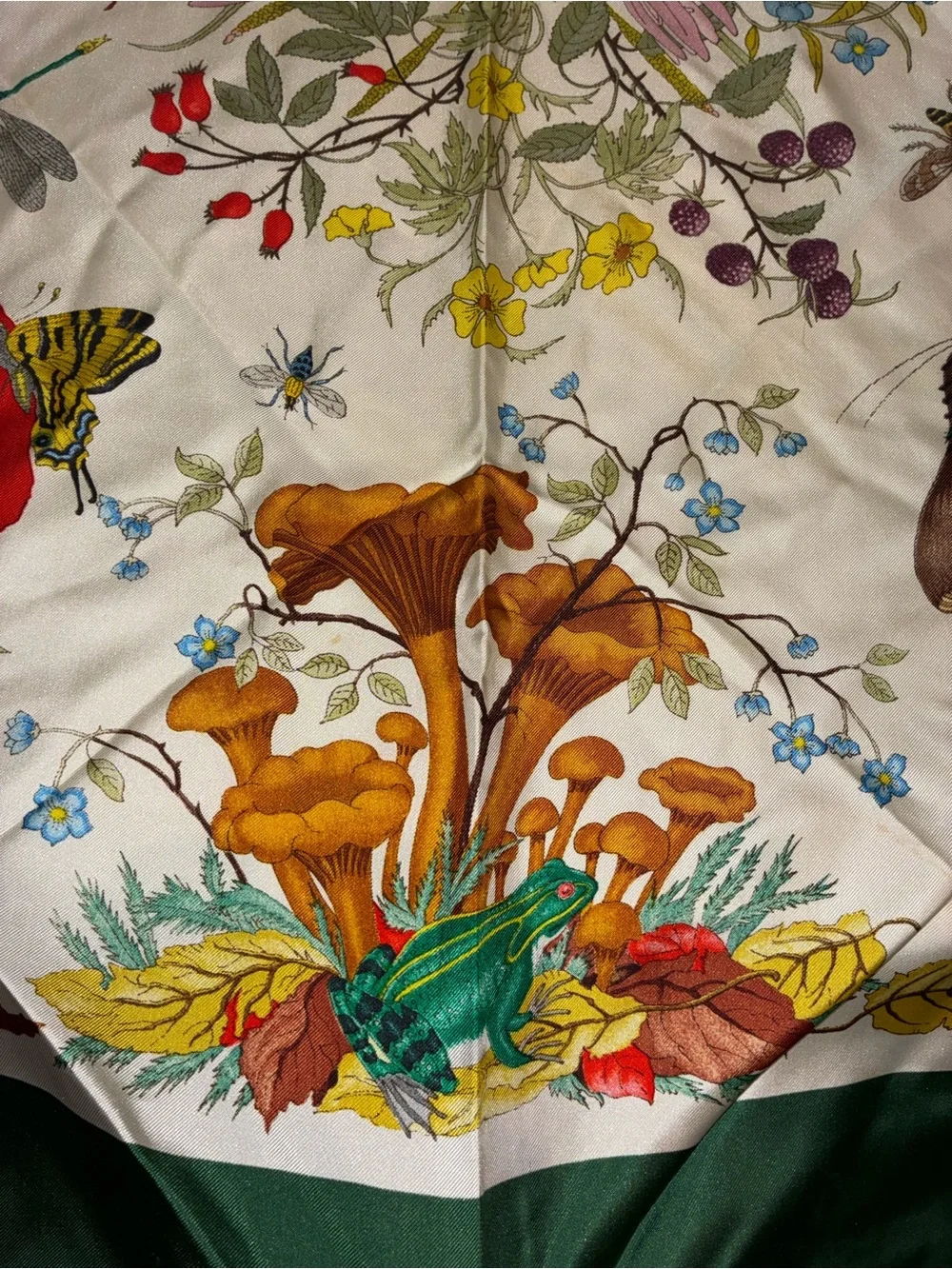 1960’s vintage Gucci Green Botanical Print Silk Scarf, xl 34”